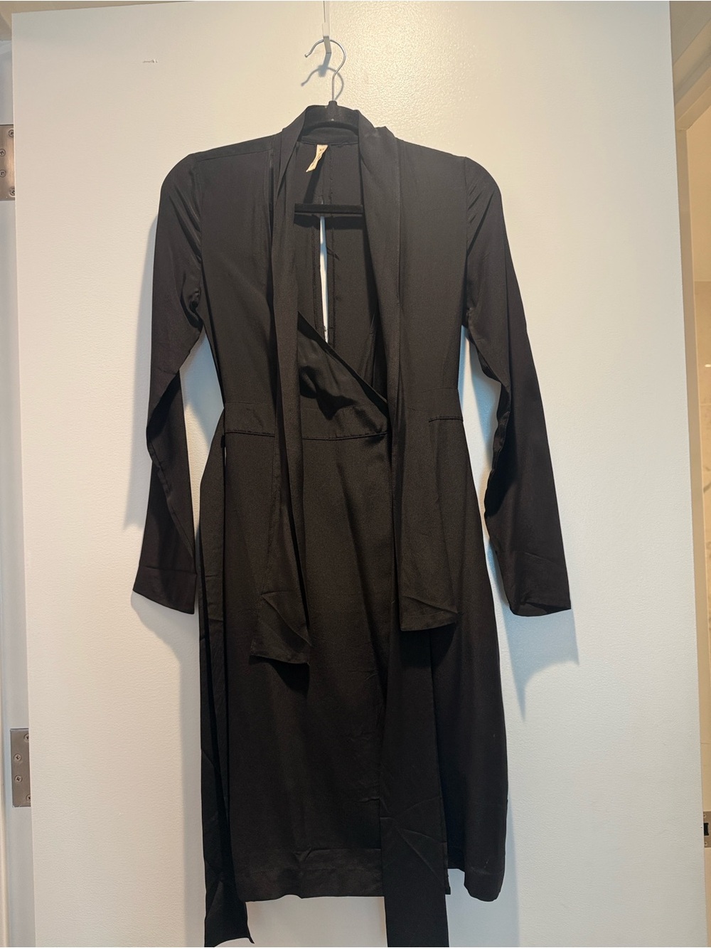 Classic Black Long-Sleeve Wrap Dress with Waist Tie